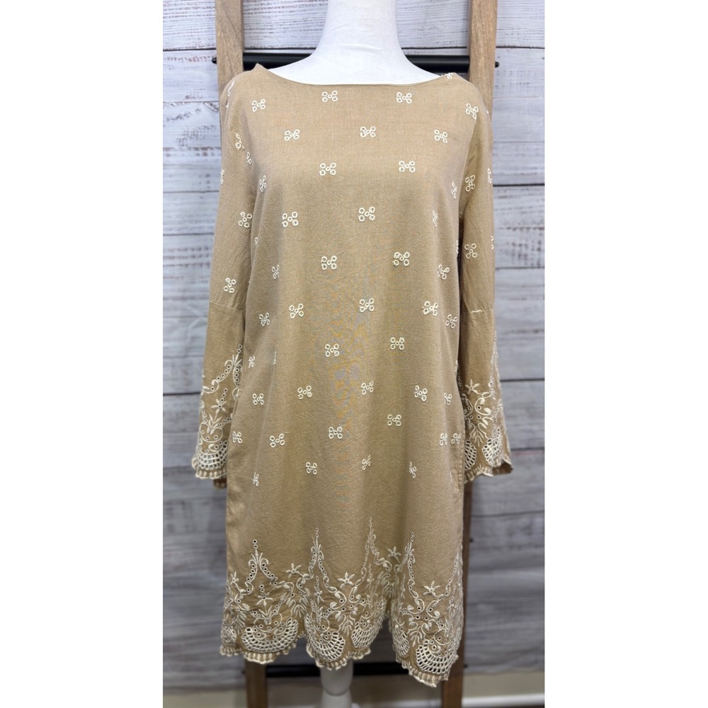 Sundance Embroidered Eyelet Boho Shift Dress Tan Cotton Bell Sleeve Petite 10 - Picture 12 of 14